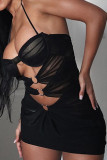 Black Sexy Solid Color Hollow Out Backless Patchwork Halter Wrapped Skirt Dresses