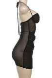 Black Sexy Solid Color Hollow Out Backless Patchwork Halter Wrapped Skirt Dresses