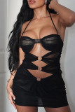 Black Sexy Solid Color Hollow Out Backless Patchwork Halter Wrapped Skirt Dresses