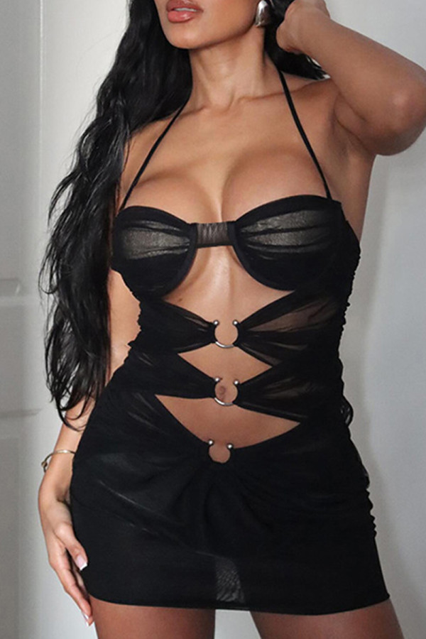 Black Sexy Solid Color Hollow Out Backless Patchwork Halter Wrapped Skirt Dresses