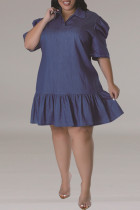 Deep Blue Casual Solid Color Ruched Patchwork Turndown Collar Straight Plus Size Dresses
