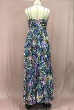 Green Celebrities Print High Slit Patchwork V Neck Long Dresses