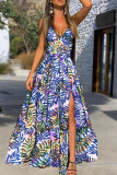 Green Celebrities Print High Slit Patchwork V Neck Long Dresses