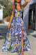 Blue Celebrities Print High Slit Patchwork V Neck Long Dresses