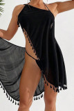 Black Casual Solid Color Fringed Trim Patchwork Swimwears Cover Up