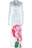 White Celebrities Print Backless Strap Design Patchwork Halter Long Dresses