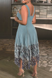 Light Blue Street Solid Color Backless Patchwork Fringed Hem Square Neck Irregular Plus Size Dresses