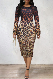 Leopard Print Celebrities Leopard Print Zipper Patchwork O Neck Wrapped Skirt Dresses
