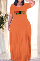 Orange Casual Graffiti Print Letter Print O Neck Printed Dresses