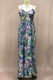 Green Celebrities Print High Slit Patchwork V Neck Long Dresses