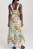 Multicolor Celebrities Print Backless Strap Design Patchwork Square Neck Long Dresses