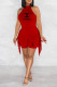 Red Casual Letter Print Fringed Trim Halter Sleeveless Two Pieces