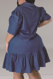 Light Blue Casual Solid Color Ruched Patchwork Turndown Collar Straight Plus Size Dresses