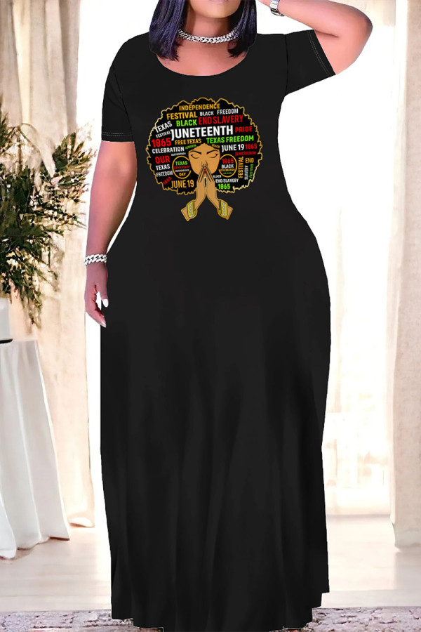 Black Casual Letter Print O Neck Printed Dresses