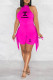 Rose Red Casual Letter Print Fringed Trim Halter Sleeveless Two Pieces