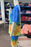 Yellow Casual Tie Dye Patchwork O Neck Short Sleeve Two Pieces