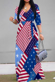 White Casual Print Strap Design Patchwork V Neck Long Dresses