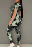Camouflage Casual Camouflage Print Contrast O Neck Short Sleeve Two Pieces