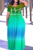 Turquoise Casual Gradient Print Letter Print Basic O Neck Long Dresses
