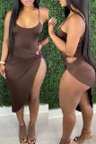 Dark Brown Fashion Sexy Solid Backless Swimwears