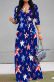 White Casual Print Strap Design Patchwork V Neck Long Dresses