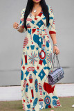 White Casual Print Strap Design Patchwork V Neck Long Dresses