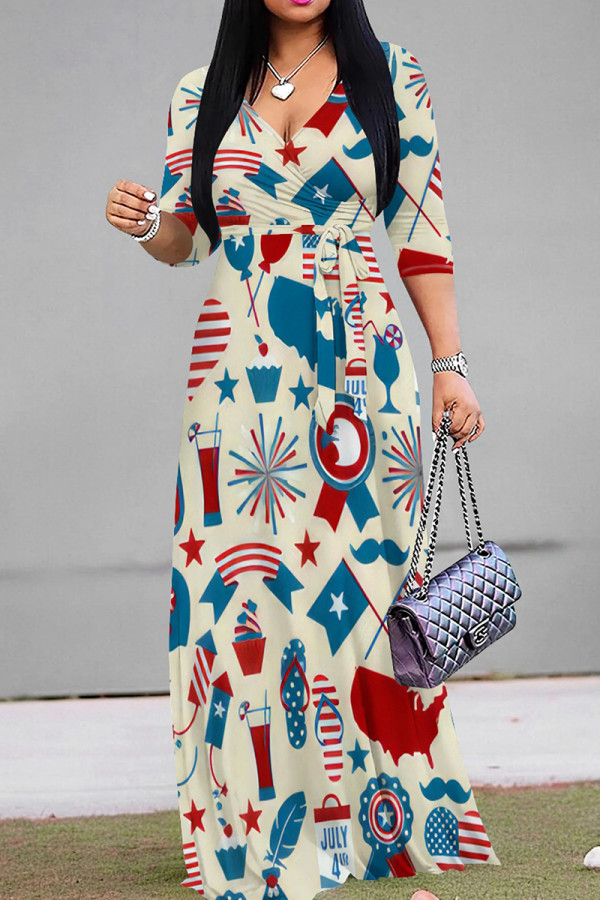 Green Yellow Casual Print Strap Design Patchwork V Neck Long Dresses