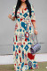 Green Yellow Casual Print Strap Design Patchwork V Neck Long Dresses