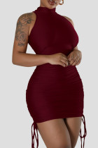 Deep Red Elegant Solid Bandage Patchwork Fold O Neck Sleeveless Dresses