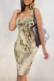 Yellow Brown Sexy Snakeskin Print Backless Patchwork U Neck Wrapped Skirt Dresses