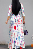 White Casual Print Strap Design Patchwork V Neck Long Dresses
