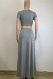 Grey Sexy Solid Color Hollow Out Patchwork O Neck Short Sleeve Two Pieces
