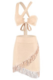 Amber Celebrities Hollow Out Sequins Patchwork Fringed Hem Asymmetrical Collar Sleeveless Two Pieces