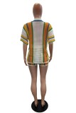 White Casual Patchwork Contrast V Neck Short Sleeve Two Pieces
