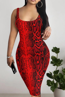 Red Sexy Snakeskin Print Backless Patchwork U Neck Wrapped Skirt Dresses