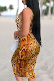 Yellow Brown Sexy Snakeskin Print Backless Patchwork U Neck Wrapped Skirt Dresses