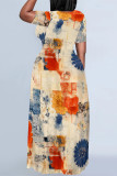 Blue Casual Gradient Print Plants Print Heart Pattern Contrast O Neck Printed Dresses