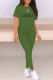 Army Green Casual Letter Print O Neck Short Sleeve Two Pieces