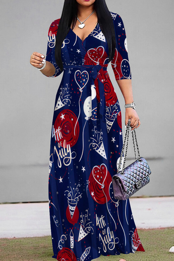 Blue Casual Print Strap Design Patchwork V Neck Long Dresses