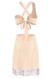 Amber Celebrities Hollow Out Sequins Patchwork Fringed Hem Asymmetrical Collar Sleeveless Two Pieces