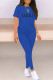 Blue Casual Letter Print O Neck Short Sleeve Two Pieces