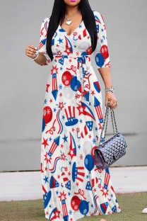 White Blue Red Casual Print Strap Design Patchwork V Neck Long Dresses