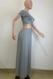 Grey Sexy Solid Color Hollow Out Patchwork O Neck Short Sleeve Two Pieces