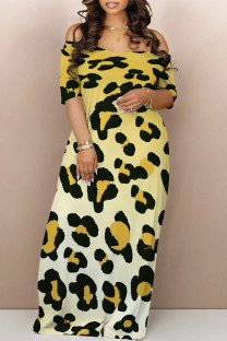 Yellow Casual Animal Print Contrast Off Shoulder Printed Dresses