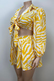Yellow Casual Print Pocket Strap Design Patchwork V Neck Plus Size Two Pieces