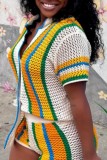 White Casual Patchwork Contrast V Neck Short Sleeve Two Pieces