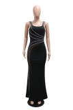 Black Sexy Formal Prom Patchwork Backless Hot Drill Spaghetti Strap Evening Dresses