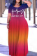 Red Orange Casual Gradient Print Letter Print Basic O Neck Long Dresses