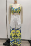 White Yellow Celebrities Print Hollow Out Backless Patchwork Square Neck Loose Jumpsuits