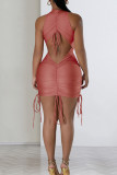 Deep Red Elegant Solid Bandage Patchwork Fold O Neck Sleeveless Dresses